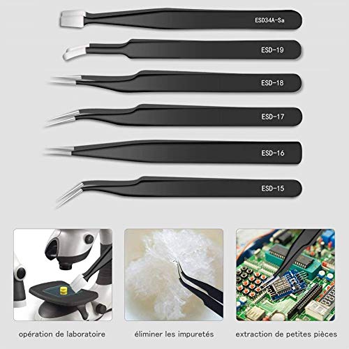 Pinzas de Precisión Kit 12pcs Kieenass Anti-Estáticas de Acero Inoxidable Pinzas Electronica para Electrónica Joyería Trabajo de Laboratorio Maintenance Tools Ceja y Pelo