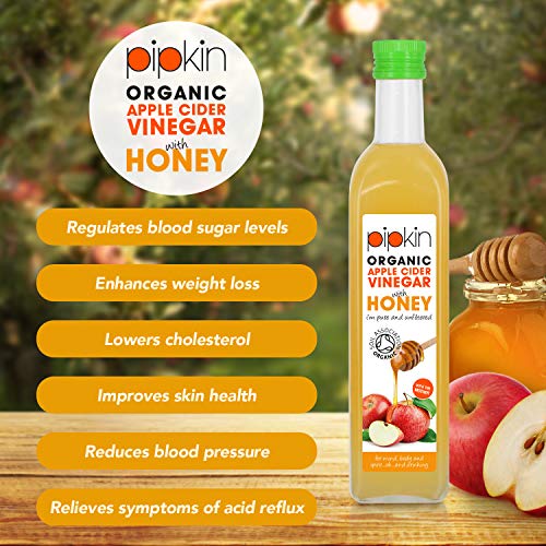 Pipkin Vinagre de Sidra de Manzana con Miel 100% Bio Orgánico, Con Madre, Crudo Puro ACV, Sin GMO, Sin Refinar, Sin Filtrar, Vegano y Vegetariano, Kosher