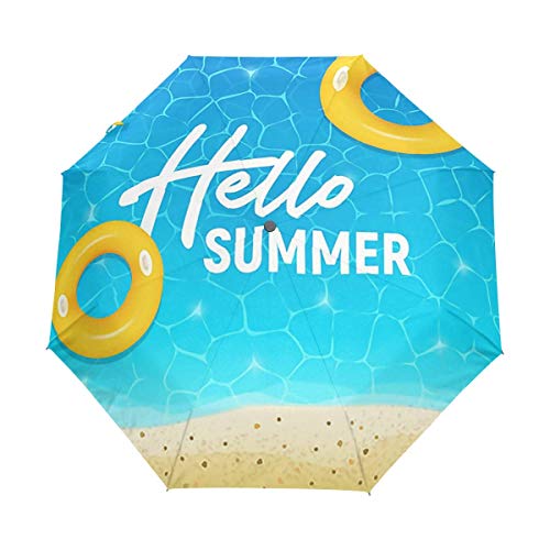 Piscina de mar con Palmeras de Arena Horario de Verano 3 Pliegues Auto Abierto Cerrar Paraguas Anti-UV A Prueba de Viento y Resistente al Agua Paraguas de Viaje Compacto