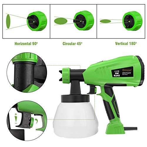 Pistola de pintura, Ginour Pistola de pulverización, Gran capacidad 1300ML, Pintura Eléctrica 800ml/Min, 3 modos de pintar, 4 boquillas de cobre puro, 4 filtros fumigación fina para mejores resultados