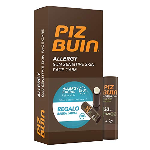 Piz Buin, Allergy, Pack con Protector Solar Facial SPF 50 y Protector Labial SPF 30, 50 ml