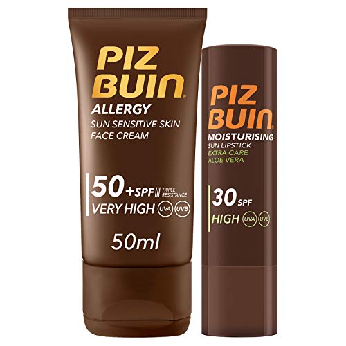 Piz Buin, Allergy, Pack con Protector Solar Facial SPF 50 y Protector Labial SPF 30, 50 ml