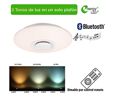 Plafon led de techo Venus Energy Led+ con altavoz bluetooth con control remoto regulable con tres colores de luz 3000k 4500k 6000k 30W 1800Lm para salon, habitacion, dormitorio, cocina,