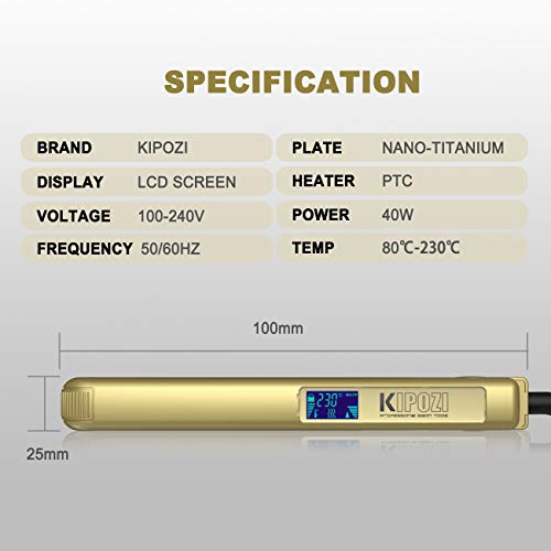 Planchas del Pelo Profesional KIPOZI, con Pantalla Digital LCD, Plancha Alisadora de Titanio, Alisador Anti Encrespado, Doble Voltaje (Oro)