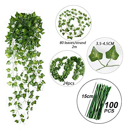Plantas Hiedra Artificial (24pcsx2m) Hiedra Hojas de Vid Artificial Enredadera Guirnalda Decorativa para Decoración Hogar Escalera Ventana Balcón Valla Jardín Boda Mesa Fiesta Interior y Exterior