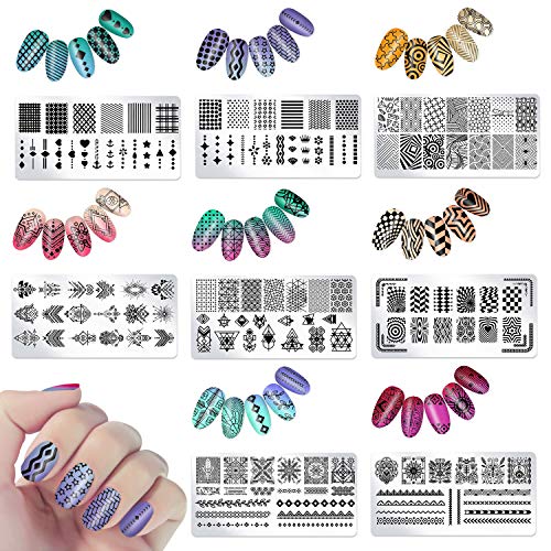 Plantilla Estampado de Uñas - 8 Placas Grandes Uñas con Varios diseños - Placas Estampacion Uñas con Raspador de Plástico, Sello de silicone