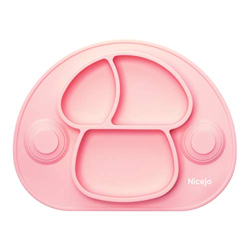 Plato Bebé Con Ventosa - Vajilla de Silicona Alimentaria - Mantel Antideslizante Para Trona - 3 Compartimentos Papilla – Niños 6-18 Meses – Apto Para Lavavajillas Y Microondas (Rosa)