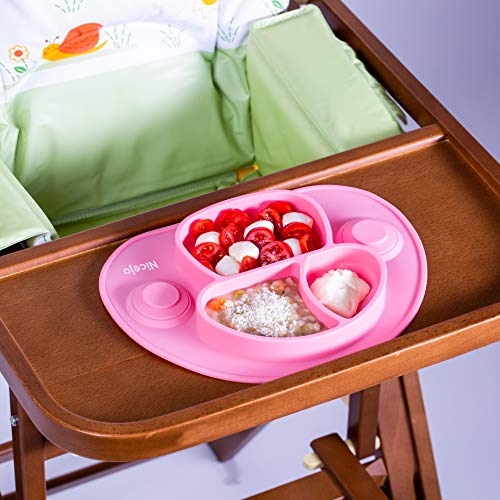 Plato Bebé Con Ventosa - Vajilla de Silicona Alimentaria - Mantel Antideslizante Para Trona - 3 Compartimentos Papilla – Niños 6-18 Meses – Apto Para Lavavajillas Y Microondas (Rosa)