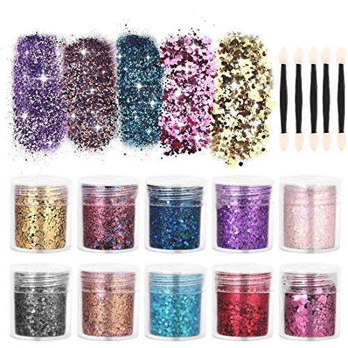 Polvo Acrilico para Uñas Purpurina Cara Glitter para Uñas - Set de Purpurina De 10 Cajas - Body Cosmetic Glitter Hair Nail Art Decorativo para Fiesta de Limo Christmas Arts Crafts