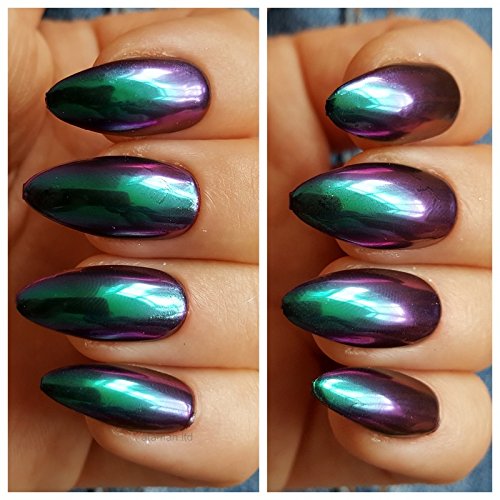 Polvo para uñas, cambio de color, efecto camaleón, cromado, con efecto de purpurina, color verde y morado