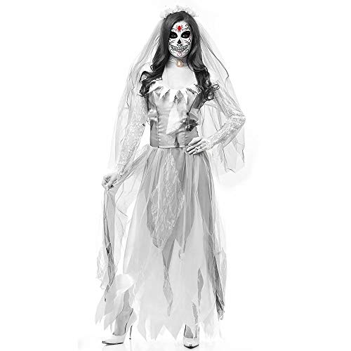 Polyer Disfraz de Novia de Cementerio para Mujer, Disfraz de Halloween, Vestido de cadáver, Vestido Elegante de Encaje para Mujer con Diadema, Disfraz de Fiesta de Halloween Cosplay Negro/Blanco