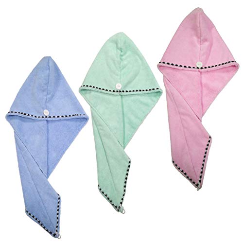 Polyte - Toalla turbante para el pelo - Microfibra - Azul claro, verde y rosa - 25 x 66 cm - Pack de 3