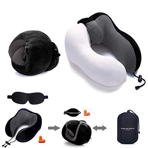 PON Almohada de Viaje Cojin Cuello para Cervical Ortopédica Terapéutica Utilizar-Almohada de Espuma Memoria Soporte Mentón a Dormir en Aviones, Tren, Coche (Negro)