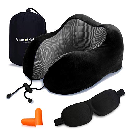 PON Almohada de Viaje Cojin Cuello para Cervical Ortopédica Terapéutica Utilizar-Almohada de Espuma Memoria Soporte Mentón a Dormir en Aviones, Tren, Coche (Negro)
