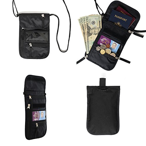 Portadocumentos de Cuello de Nomalite | Bolsa Bandolera de Viaje Negra y Robusta con 5 Bolsillos (1 para móvil) y Cubierta de Nailon. Ideal para Hombre, Mujer y niño. Cartera Porta Pasaporte. (Slim)