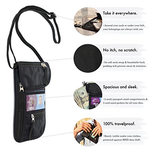 Portadocumentos de Cuello de Nomalite | Bolsa Bandolera de Viaje Negra y Robusta con 5 Bolsillos (1 para móvil) y Cubierta de Nailon. Ideal para Hombre, Mujer y niño. Cartera Porta Pasaporte. (Slim)