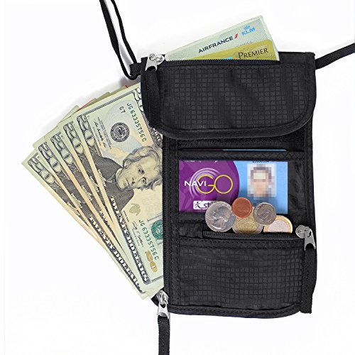 Portadocumentos de Cuello de Nomalite | Bolsa Bandolera de Viaje Negra y Robusta con 5 Bolsillos (1 para móvil) y Cubierta de Nailon. Ideal para Hombre, Mujer y niño. Cartera Porta Pasaporte. (Slim)