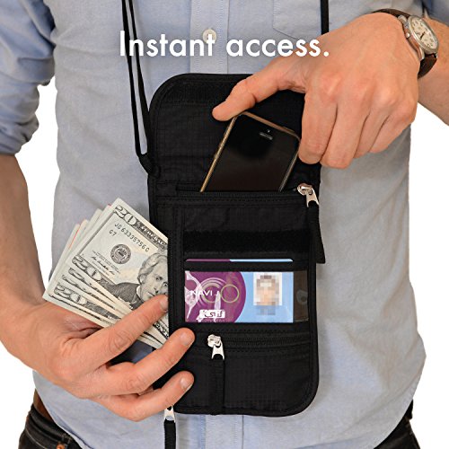 Portadocumentos de Cuello de Nomalite | Bolsa Bandolera de Viaje Negra y Robusta con 5 Bolsillos (1 para móvil) y Cubierta de Nailon. Ideal para Hombre, Mujer y niño. Cartera Porta Pasaporte. (Slim)