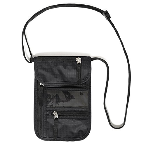 Portadocumentos de Cuello de Nomalite | Bolsa Bandolera de Viaje Negra y Robusta con 5 Bolsillos (1 para móvil) y Cubierta de Nailon. Ideal para Hombre, Mujer y niño. Cartera Porta Pasaporte. (Slim)