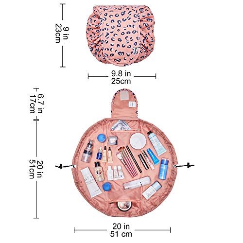 Portátil Lazy Drawstring Bolsa de Maquillaje de Viaje Bolsa de cosméticos Organizador de artículos de tocador Impermeable Grande para Mujeres y niñas (Leopard)