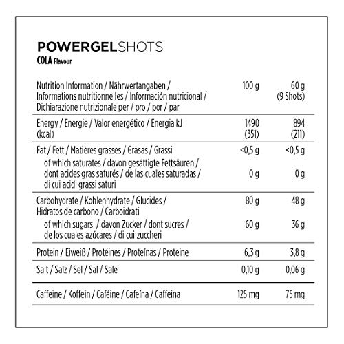 PowerBar PowerGel Shots Cola 16x60g - Gomas de Alta Energía de Carbono + C2MAX Magnesio y Sodio + 75mg Cafeína