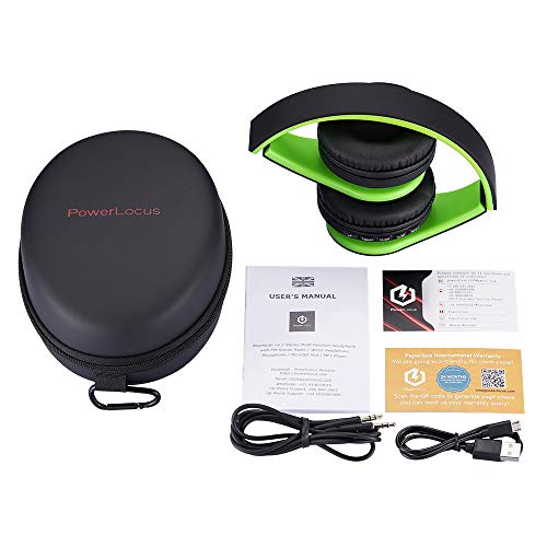 PowerLocus P1 – Auriculares Bluetooth inalambricos de Diadema Cascos Plegables, Casco Bluetooth con Sonido Estéreo con Conexión a Bluetooth Inalámbrico y Cable para Movil, PC, Tablet - Negro/Verde