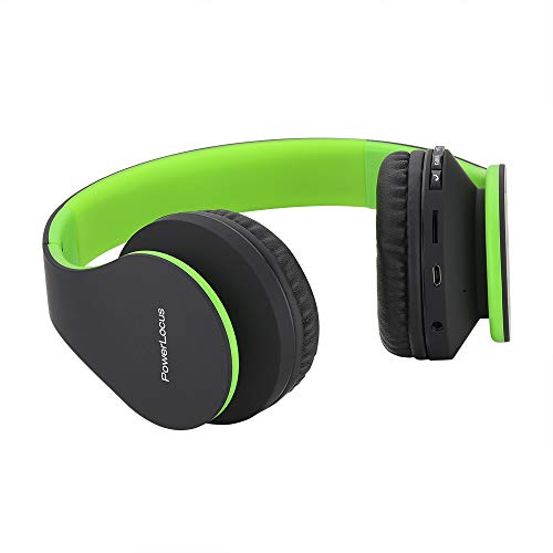 PowerLocus P1 – Auriculares Bluetooth inalambricos de Diadema Cascos Plegables, Casco Bluetooth con Sonido Estéreo con Conexión a Bluetooth Inalámbrico y Cable para Movil, PC, Tablet - Negro/Verde