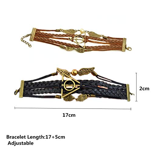 PPX 2 Piezas Pulsera y Las Reliquias de la Muerte con Búho y Alas, Marrón y Negro