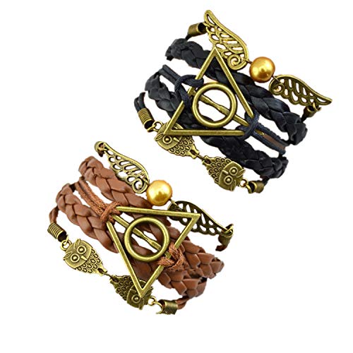 PPX 2 Piezas Pulsera y Las Reliquias de la Muerte con Búho y Alas, Marrón y Negro