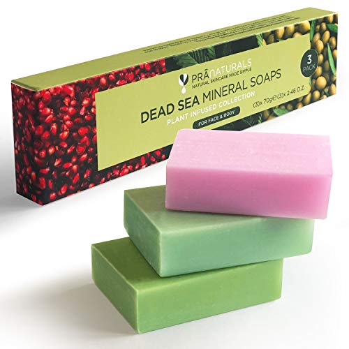 PraNaturals Jabones del Mar Muerto - 70g Por Jabón - Colección Infusión Oceánica, Naturalmente Ricos en Minerales del Mar Muerto, El Set Incluye Jabón de Cáñamo, Jabón de Oliva y Jabón de Granada