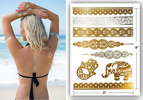 Premium metálico tatuajes – 75 + Mandala Boho diseños en oro y plata – temporal falso Shimmer – joyas tatuajes – flores, elefantes, pulseras, muñeca y brazo bandas (jazmín colección)