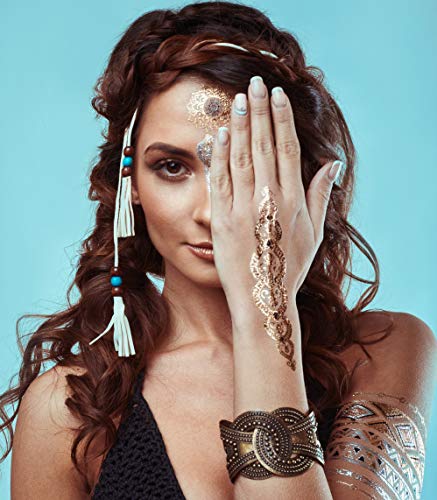 Premium metálico tatuajes – 75 + Mandala Boho diseños en oro y plata – temporal falso Shimmer – joyas tatuajes – flores, elefantes, pulseras, muñeca y brazo bandas (jazmín colección)