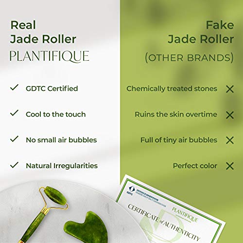 Premium Rodillo de Piedra De Jade Autentico Certificado Para Rostro 100% Natural - Masajeador Facial Antienvejecimiento Con Herramienta De Raspar Gua Sha - Jade Roller for Face Massage