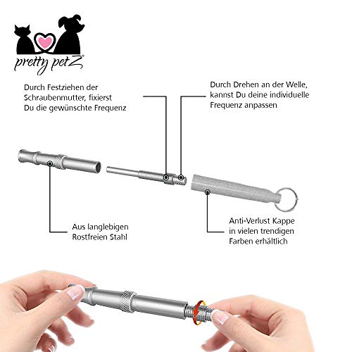 pretty petZ Silbato para Perros prémium, Accesorio óptimo para un Entrenamiento Efectivo de Perros y una educación para Cachorros, Alta frecuencia Ajustable, ultrasonido, Libro electrónico Gratis