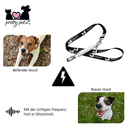 pretty petZ Silbato para Perros prémium, Accesorio óptimo para un Entrenamiento Efectivo de Perros y una educación para Cachorros, Alta frecuencia Ajustable, ultrasonido, Libro electrónico Gratis