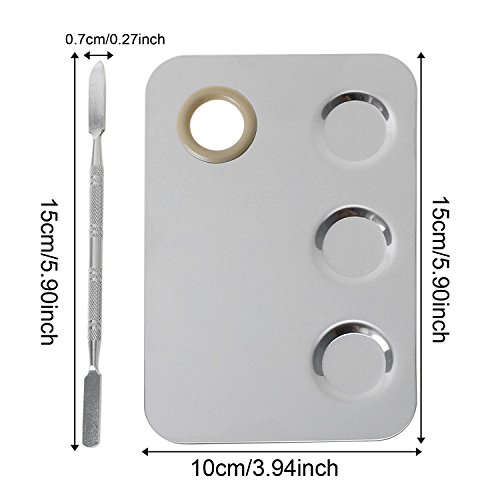 PrettyDate Makeup Palette 15cm x 10cm Stainless Steel 3-well Nail-art Cosmetic Artist Mixing Palette with Spatula Tool for Mixing Foundation Silver