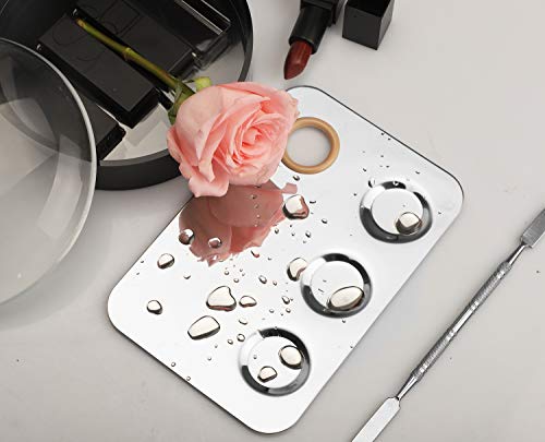 PrettyDate Makeup Palette 15cm x 10cm Stainless Steel 3-well Nail-art Cosmetic Artist Mixing Palette with Spatula Tool for Mixing Foundation Silver
