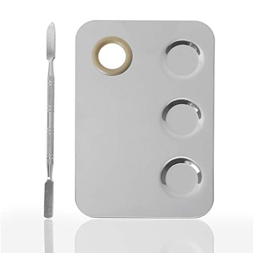 PrettyDate Makeup Palette 15cm x 10cm Stainless Steel 3-well Nail-art Cosmetic Artist Mixing Palette with Spatula Tool for Mixing Foundation Silver