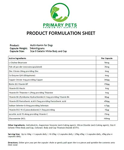 Primary Pets Suplemento Multivitamínico para Perros. 120 Cápsulas. Complejo de Vitamina B, Vitamina C. Omega 3 y glucosamina
