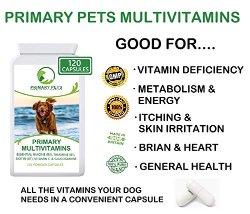 Primary Pets Suplemento Multivitamínico para Perros. 120 Cápsulas. Complejo de Vitamina B, Vitamina C. Omega 3 y glucosamina