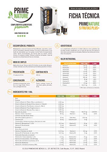 PRIMENATURE 5 Frutas Plus. Vitaminas para las defensas y el sistema inmune en un solo vial líquido diario. Vitamina C, D3, grupo B, K2. 15 x30ml