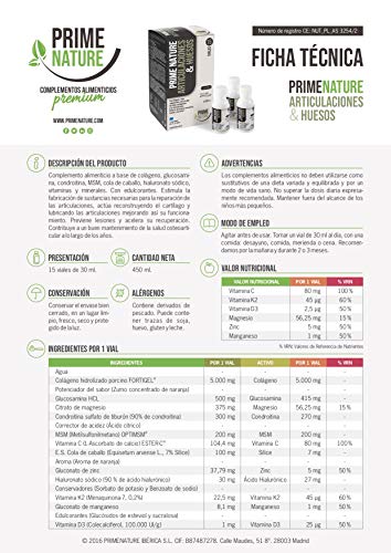 PRIMENATURE Articulaciones y Huesos. Complemento alimenticio en un vial líquido diario. Suplemento de Colágeno Hidrolizado Magnesio Vitamina C Ácido Hialurónico MSM Glucosamina Condroitina etc, etc.