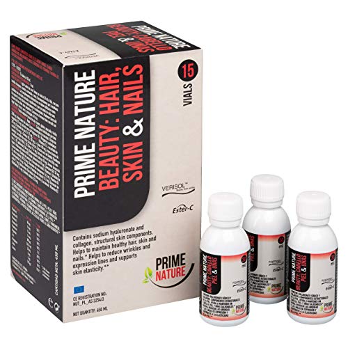PRIMENATURE Beauty: Cabello, Piel y Uñas. Suplemento de nutrientes esenciales y vitaminas en un vial líquido diario. Colágeno hidrolizado, Ácido hialurónico, Q10, Retinol, Vitamina C, etc, etc.