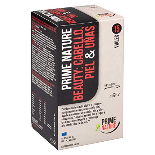 PRIMENATURE Beauty: Cabello, Piel y Uñas. Suplemento de nutrientes esenciales y vitaminas en un vial líquido diario. Colágeno hidrolizado, Ácido hialurónico, Q10, Retinol, Vitamina C, etc, etc.