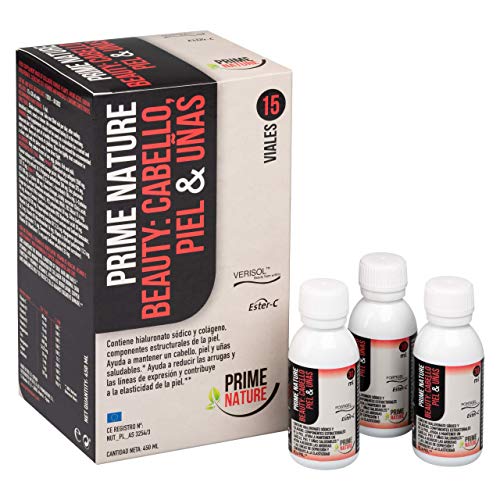 PRIMENATURE Beauty: Cabello, Piel y Uñas. Suplemento de nutrientes esenciales y vitaminas en un vial líquido diario. Colágeno hidrolizado, Ácido hialurónico, Q10, Retinol, Vitamina C, etc, etc.