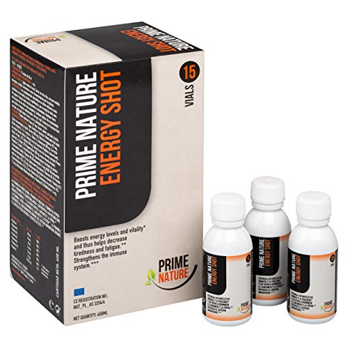 PRIMENATURE Energy Shot. Energía y vitaminas. Suplemento en viales líquidos. Cansancio, ánimo y defensas. Ginseng, Guaraná, Taurina, BCAAs, NADH, Vitaminas grupo B. 15 x 30ml.