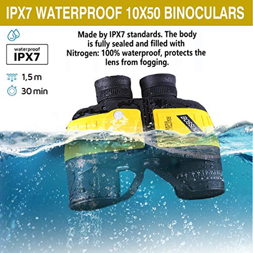 Prismáticos Militares Marinos 10X50 para Adultos, Binoculares Impermeables con Telémetro Brújula BAK4 Prism Lente FMC para Observación de Aves Caza Canotaje