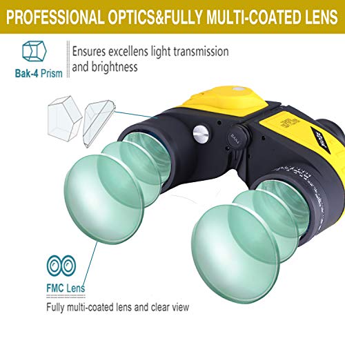 Prismáticos Militares Marinos 10X50 para Adultos, Binoculares Impermeables con Telémetro Brújula BAK4 Prism Lente FMC para Observación de Aves Caza Canotaje
