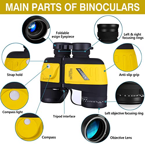 Prismáticos Militares Marinos 10X50 para Adultos, Binoculares Impermeables con Telémetro Brújula BAK4 Prism Lente FMC para Observación de Aves Caza Canotaje