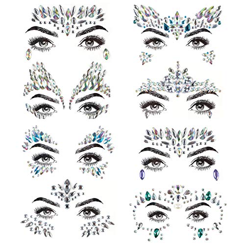 PROACC Face Gems 8 piezas gemas de la cara Face Jewels Pegatinas de diamantes de imitación Women Mermaid Rave Festival Cristales Glitter auto adhesivo Tatuajes temporales Eyebrow Face Body Jewelry